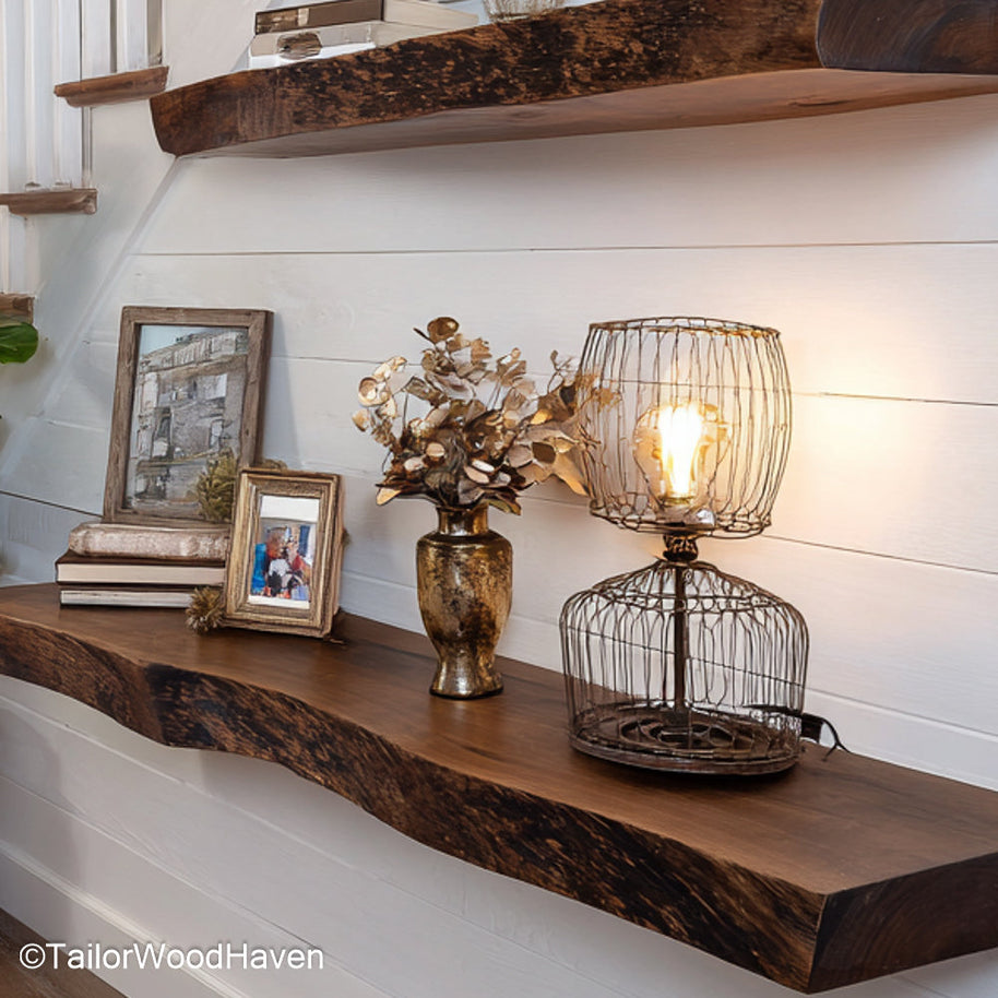Rustic floating wood shelf made from thick hardwood with distressed edges and no visible brackets, perfect for warm and natural room themes
