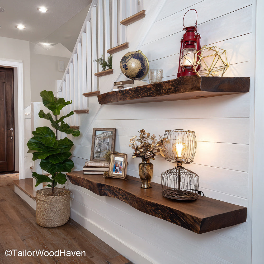 Rustic floating wood shelf made from thick hardwood with distressed edges and no visible brackets, perfect for warm and natural room themes