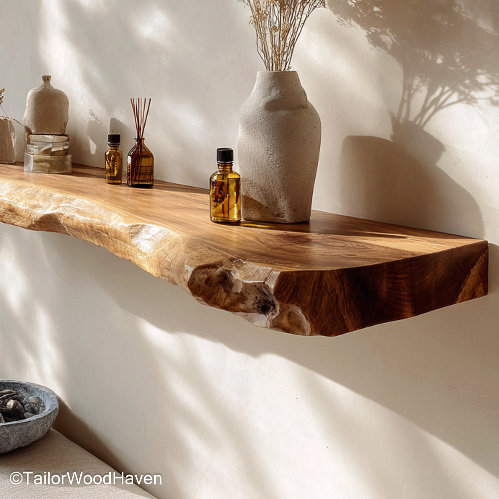 Gold floating shelves with metallic brushed finish and hidden wall brackets, perfect for glam bathrooms, vanities, or modern interiors