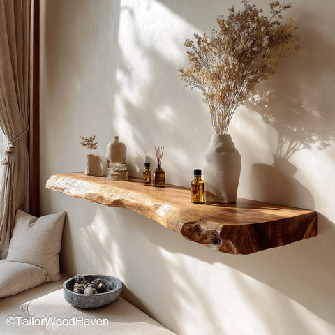 Gold floating shelves with metallic brushed finish and hidden wall brackets, perfect for glam bathrooms, vanities, or modern interiors