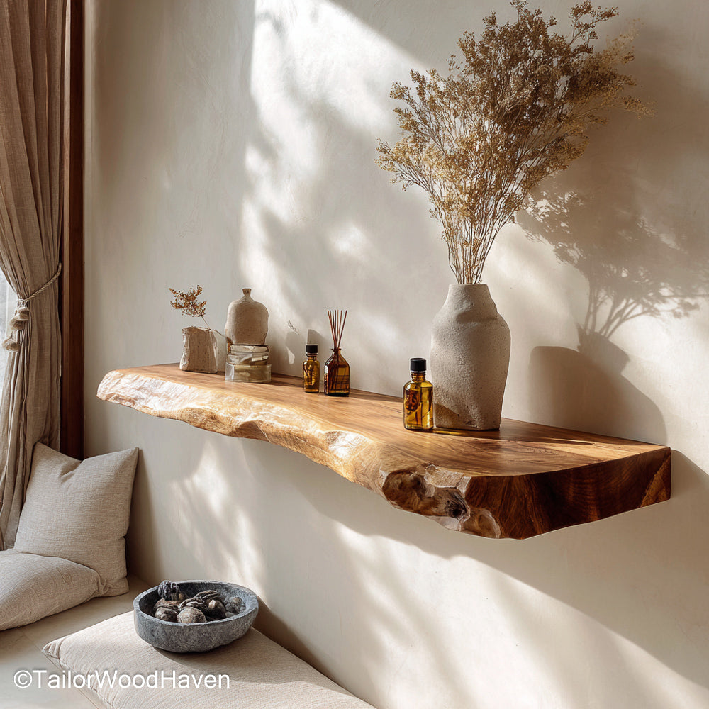 Gold floating shelves with metallic brushed finish and hidden wall brackets, perfect for glam bathrooms, vanities, or modern interiors