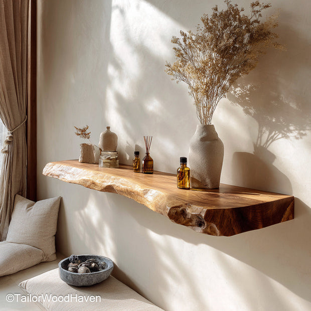 Gold floating shelves with metallic brushed finish and hidden wall brackets, perfect for glam bathrooms, vanities, or modern interiors