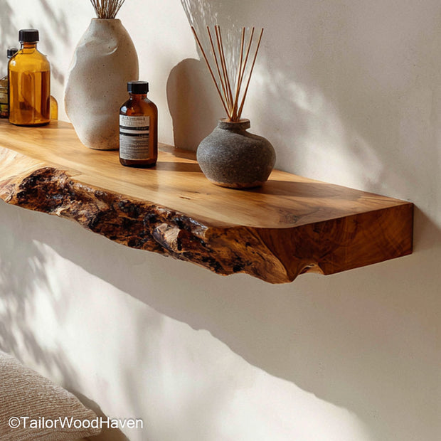 Rustic wood wall shelf made from thick hardwood with a weathered finish and flush mount design, perfect for entryways or living rooms