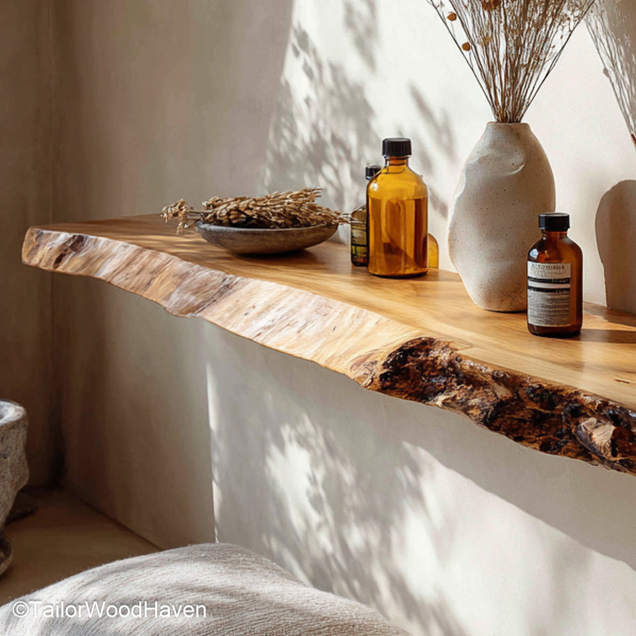 Rustic wood wall shelf made from thick hardwood with a weathered finish and flush mount design, perfect for entryways or living rooms