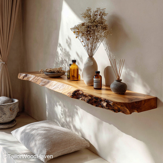 Rustic wood wall shelf made from thick hardwood with a weathered finish and flush mount design, perfect for entryways or living rooms