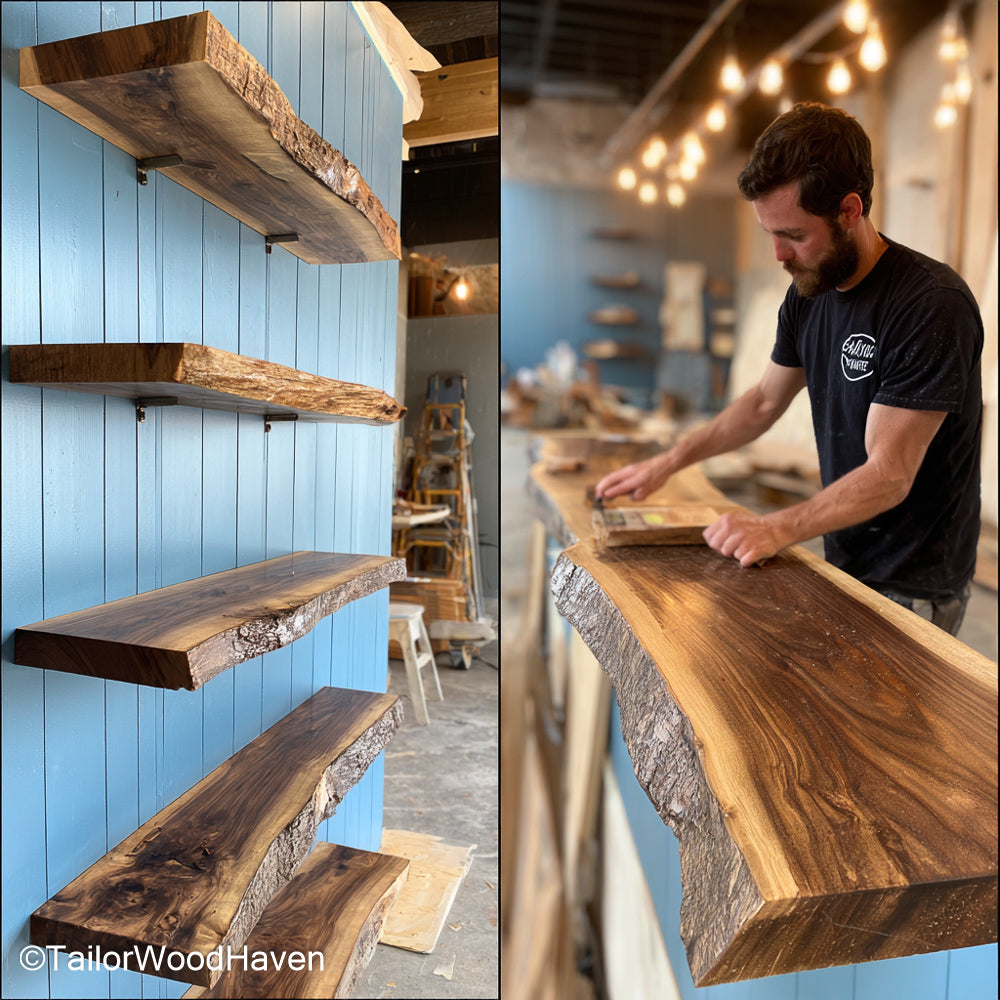 Farmhouse floating shelves made from distressed wood with natural texture and bracket-free design, ideal for adding warmth to rustic living spaces