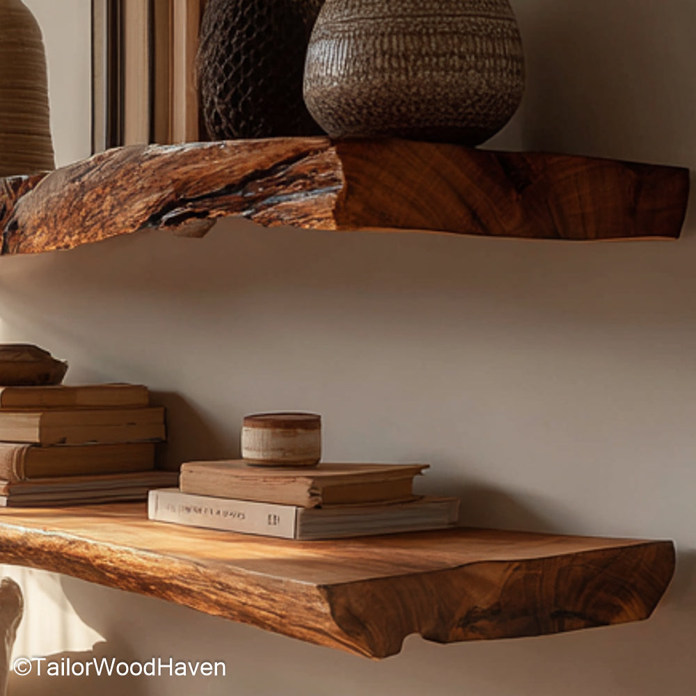 Floating rustic wood shelf handcrafted with aged wood and subtle grain detail, mounted flush to wall for a clean rustic aesthetic