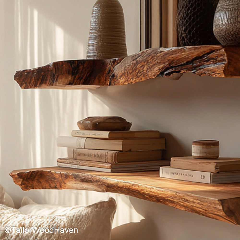 Floating rustic wood shelf handcrafted with aged wood and subtle grain detail, mounted flush to wall for a clean rustic aesthetic