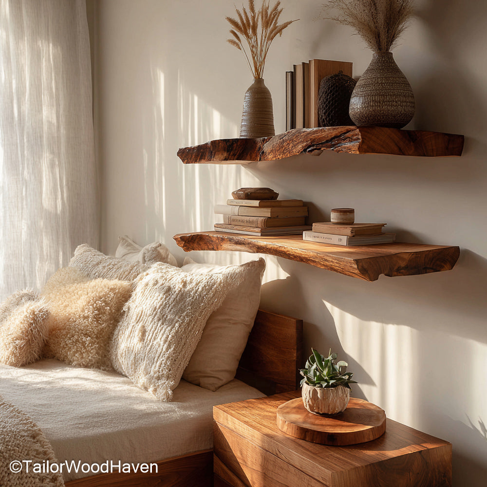 Floating rustic wood shelf handcrafted with aged wood and subtle grain detail, mounted flush to wall for a clean rustic aesthetic