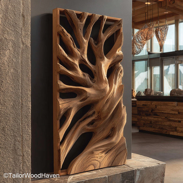 Wood Sculpture Wall Art Intricately Carved Wood Sculpture Wall Art Panel, Handcrafted for Rustic Interiors or Artistic Modern Wall Displays