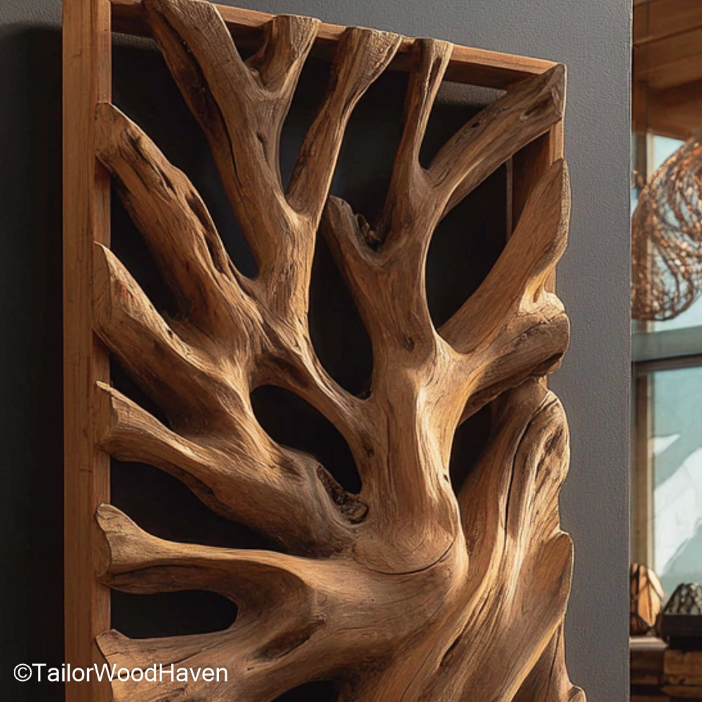 Wood Sculpture Wall Art Intricately Carved Wood Sculpture Wall Art Panel, Handcrafted for Rustic Interiors or Artistic Modern Wall Displays