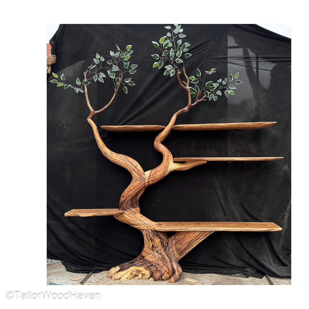 Artisan Tree Style Bookshelf Wooden Wall Mounted Shelf in Unique Tree Design for Rustic and Boho Interiors