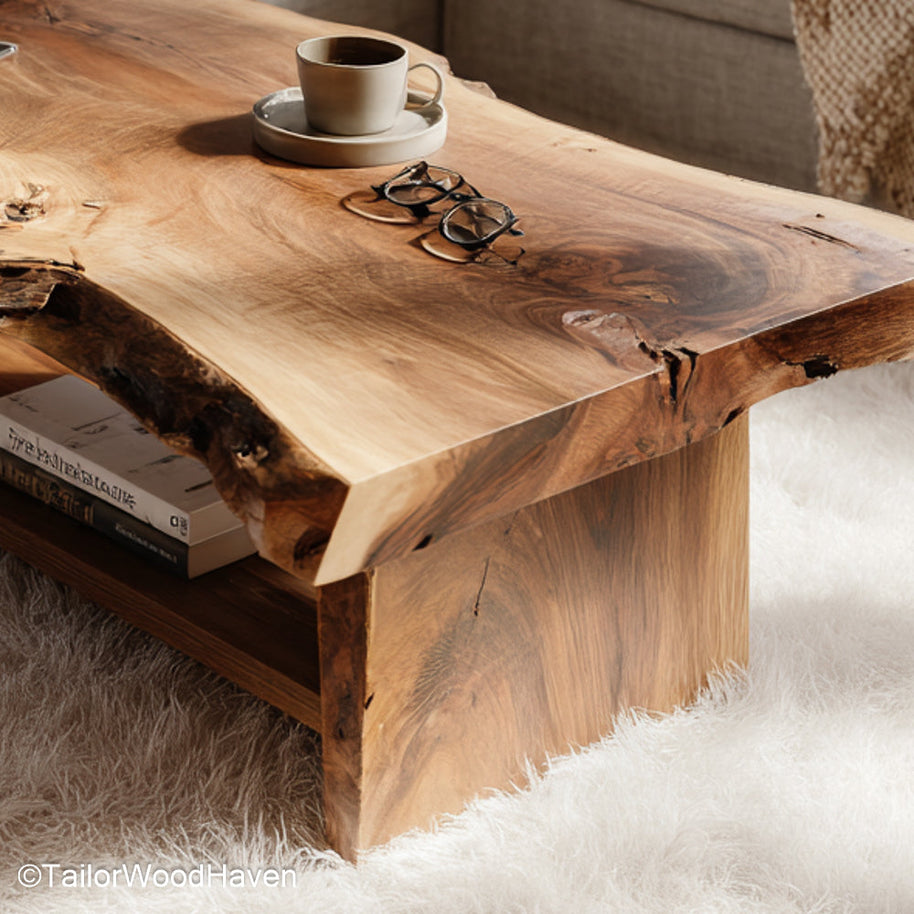 Timber Slab Coffee Table handcrafted from solid timber with raw edges and warm tone, ideal for organic modern or farmhouse style living areas