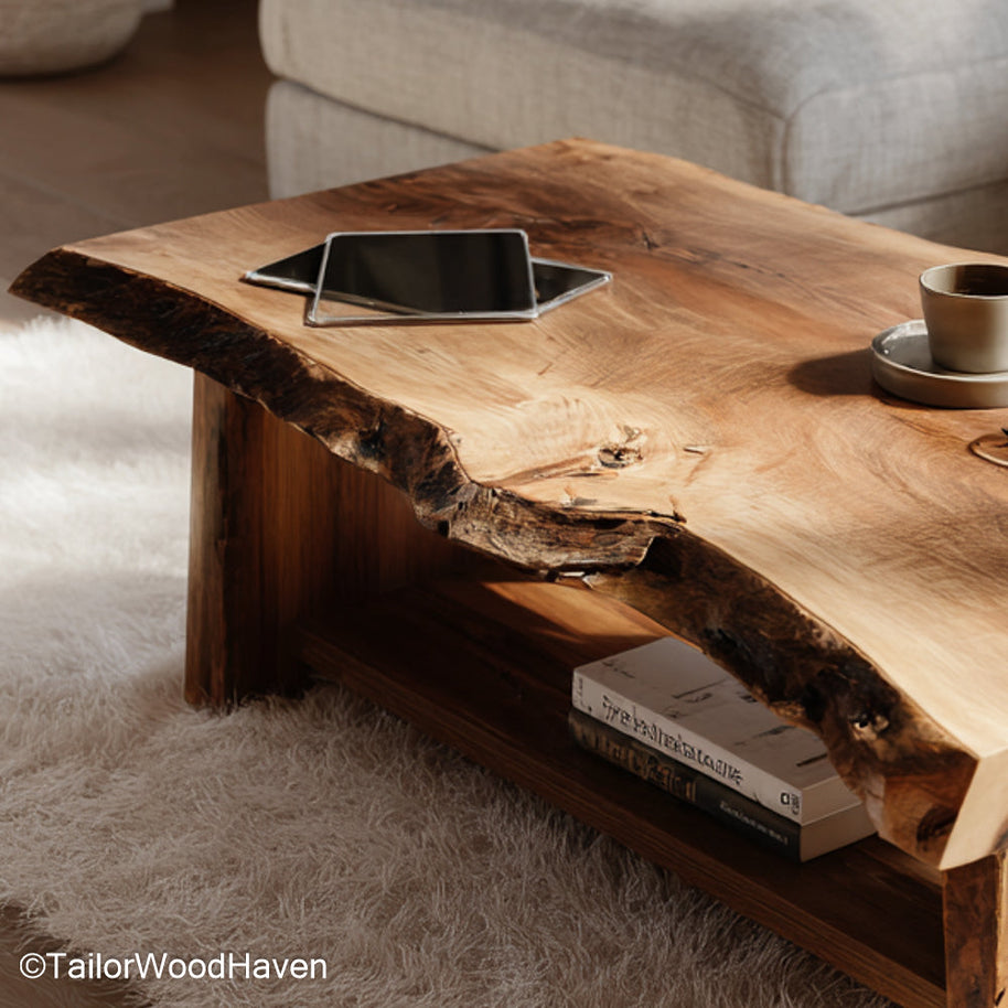 Timber Slab Coffee Table handcrafted from solid timber with raw edges and warm tone, ideal for organic modern or farmhouse style living areas