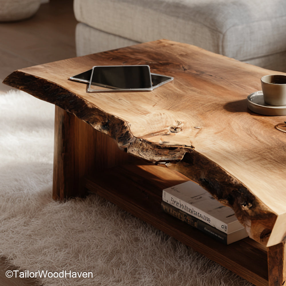 Timber Slab Coffee Table handcrafted from solid timber with raw edges and warm tone, ideal for organic modern or farmhouse style living areas
