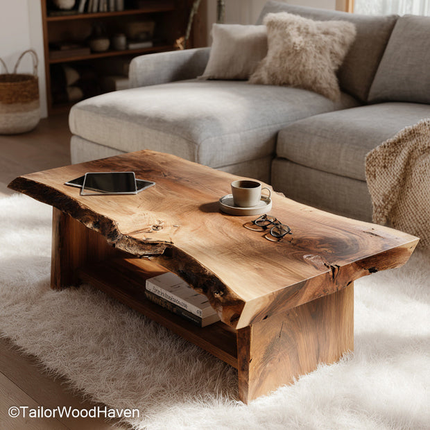Timber Slab Coffee Table handcrafted from solid timber with raw edges and warm tone, ideal for organic modern or farmhouse style living areas