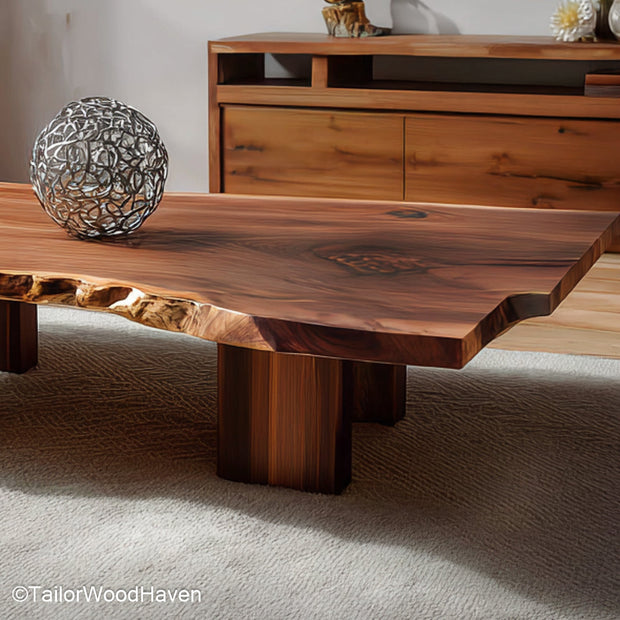 Solid Wood Live Edge Coffee Table built with a natural live edge slab top and smooth finish, ideal for earthy living spaces with a modern organic feel