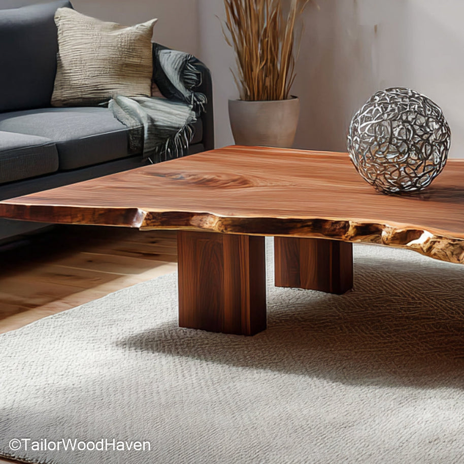 Solid Wood Live Edge Coffee Table built with a natural live edge slab top and smooth finish, ideal for earthy living spaces with a modern organic feel