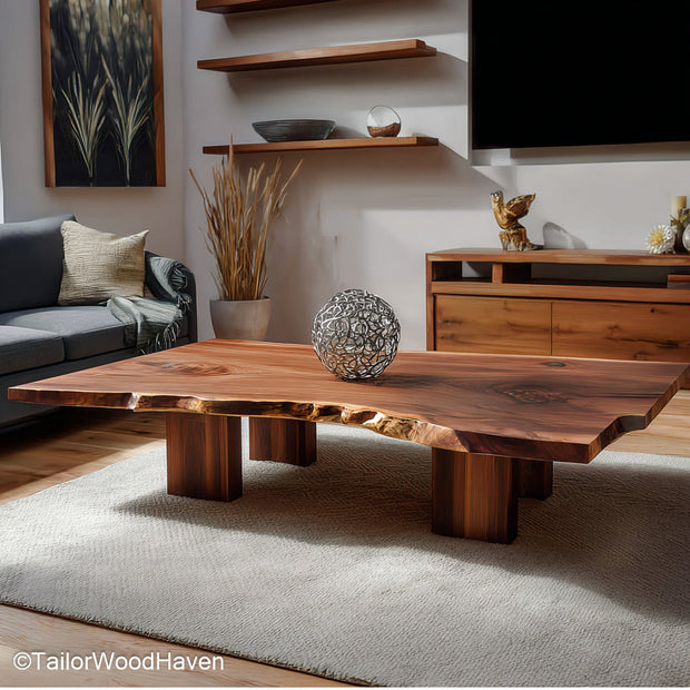 Solid Wood Live Edge Coffee Table built with a natural live edge slab top and smooth finish, ideal for earthy living spaces with a modern organic feel