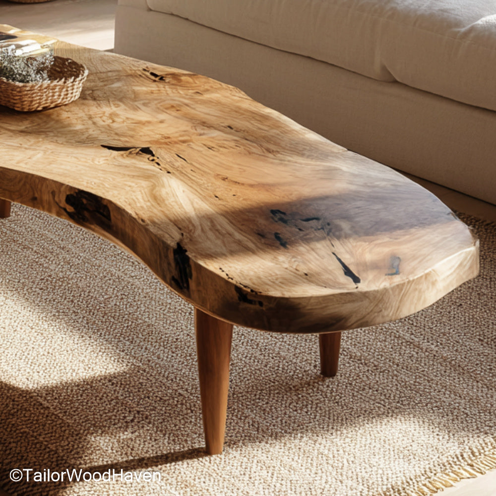 Rough edge wood coffee table built from thick cut timber with a rugged finish and organic contour, adding bold natural texture to your home