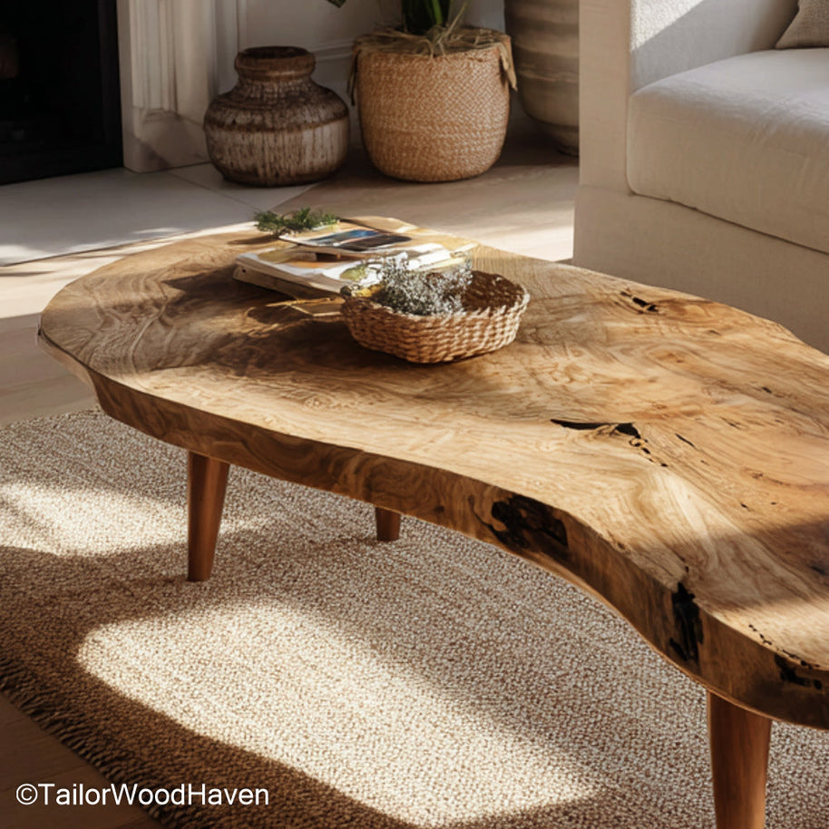 Rough edge wood coffee table built from thick cut timber with a rugged finish and organic contour, adding bold natural texture to your home