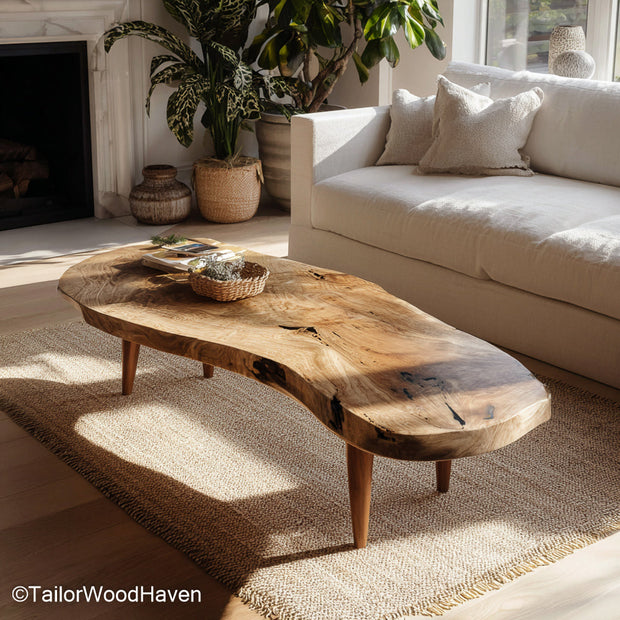 Rough edge wood coffee table built from thick cut timber with a rugged finish and organic contour, adding bold natural texture to your home