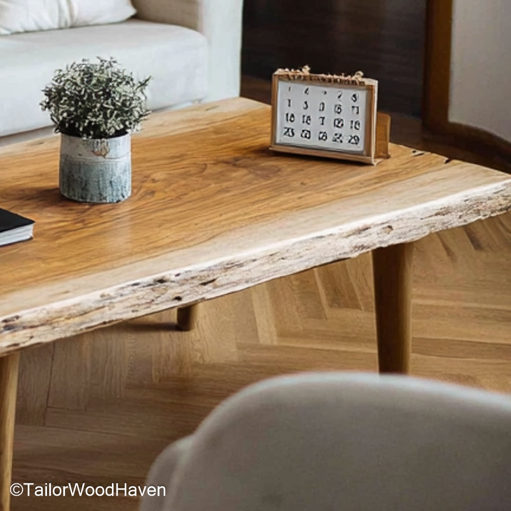 Pine live edge table designed from solid pine with a raw edge and clear grain, this piece fits rustic dining nooks or relaxed coffee corners