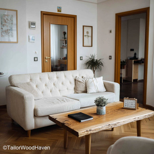 Pine live edge table designed from solid pine with a raw edge and clear grain, this piece fits rustic dining nooks or relaxed coffee corners