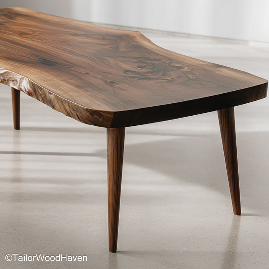 Rough edge coffee table made from solid hardwood with unrefined edge and matte surface, perfect for rustic or industrial room styles