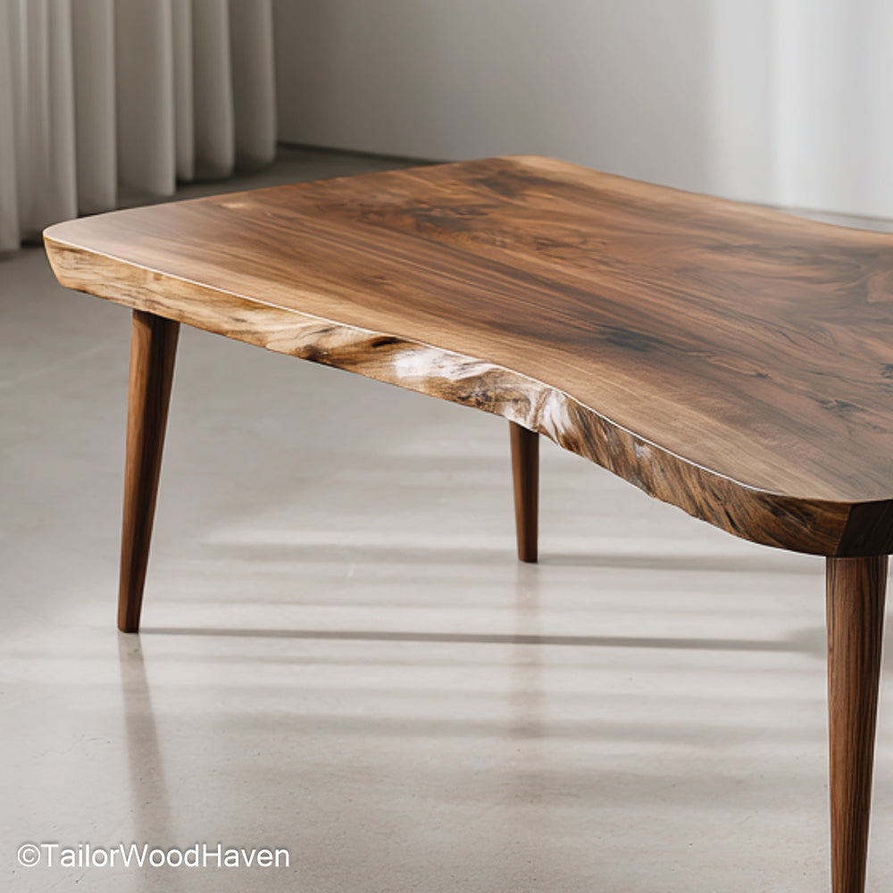 Rough edge coffee table made from solid hardwood with unrefined edge and matte surface, perfect for rustic or industrial room styles
