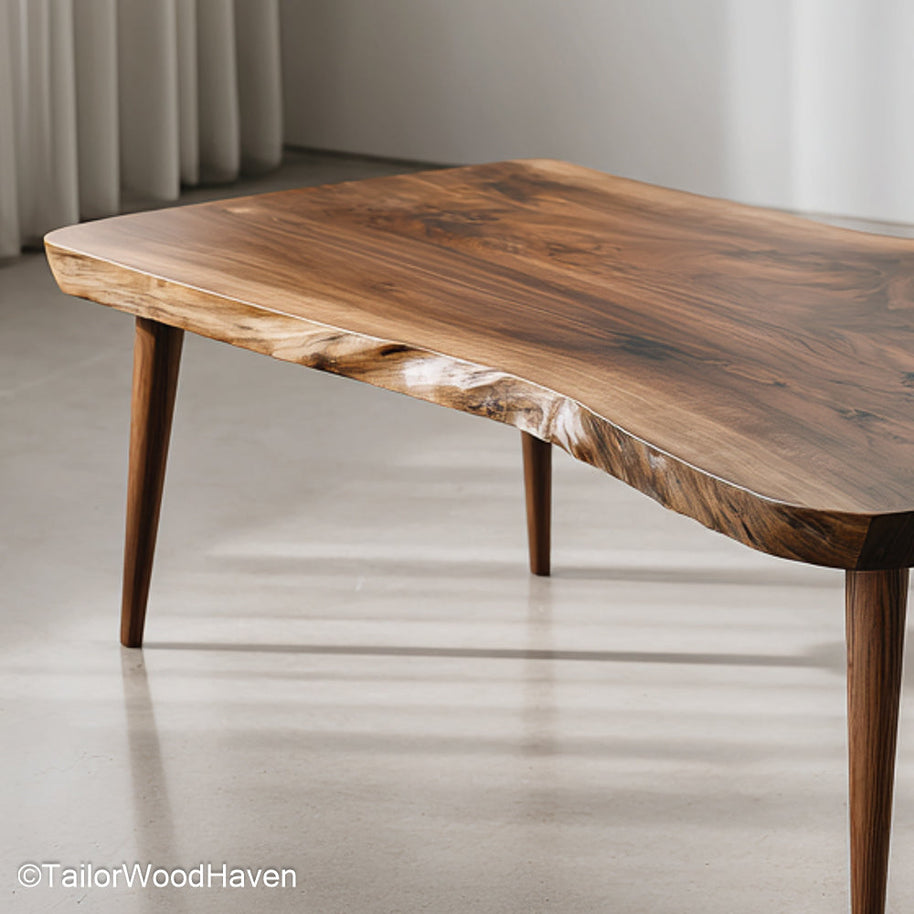 Rough edge coffee table made from solid hardwood with unrefined edge and matte surface, perfect for rustic or industrial room styles