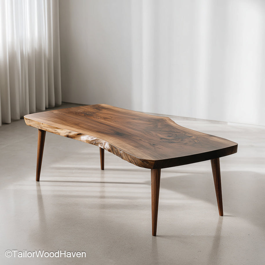 Rough edge coffee table made from solid hardwood with unrefined edge and matte surface, perfect for rustic or industrial room styles
