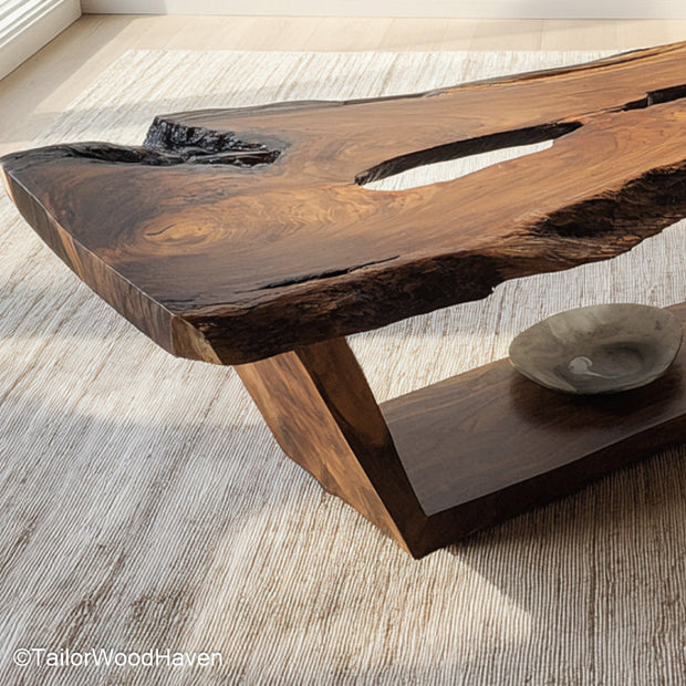 Natural edge wood coffee table made from hardwood slab with clear matte top and uncut edge, blending rustic form with modern simplicity