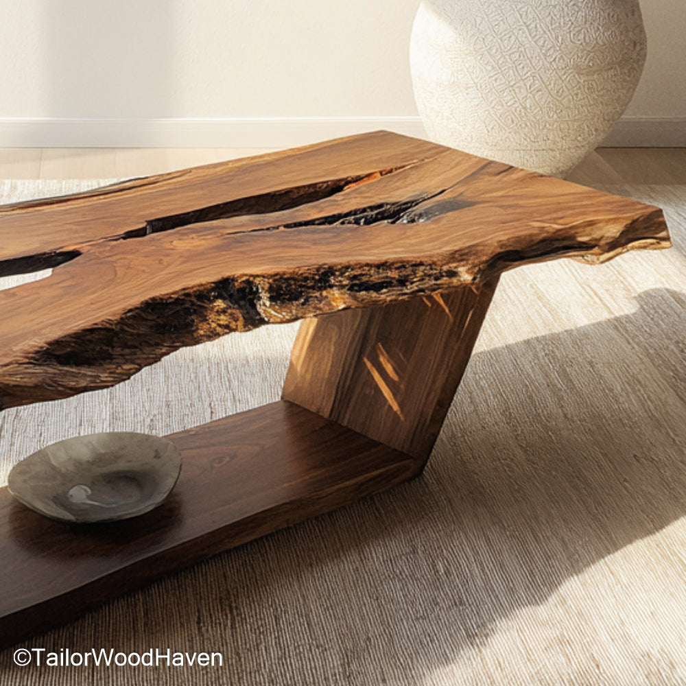 Natural edge wood coffee table made from hardwood slab with clear matte top and uncut edge, blending rustic form with modern simplicity