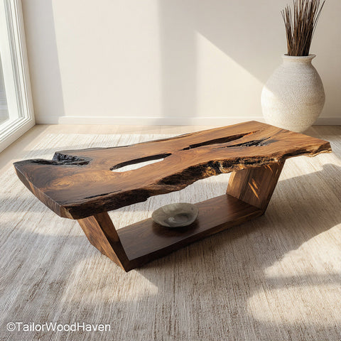 Natural edge wood coffee table made from hardwood slab with clear matte top and uncut edge, blending rustic form with modern simplicity