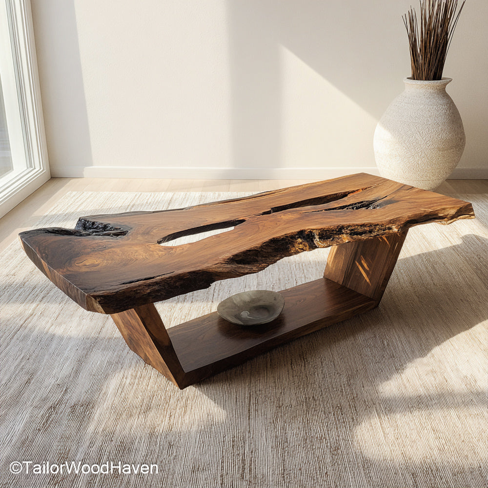 Natural edge wood coffee table made from hardwood slab with clear matte top and uncut edge, blending rustic form with modern simplicity