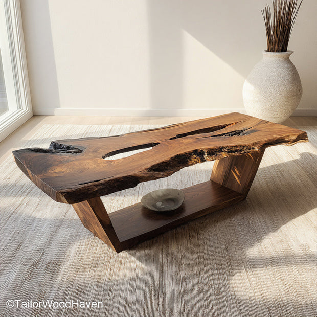 Natural edge wood coffee table made from hardwood slab with clear matte top and uncut edge, blending rustic form with modern simplicity