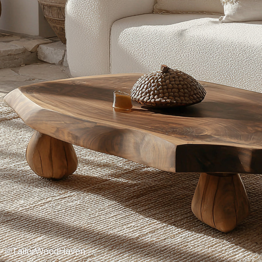 Natural cut wood coffee table created from a full timber slice with preserved texture and sealed surface, great for organic or log style rooms