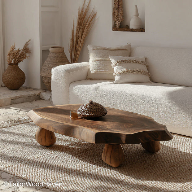 Natural cut wood coffee table created from a full timber slice with preserved texture and sealed surface, great for organic or log style rooms