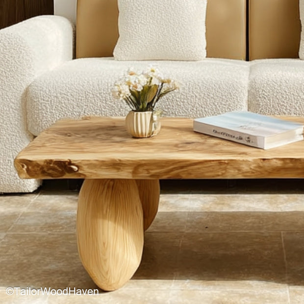 Pine slab coffee table crafted from thick pine wood with a sealed live edge and natural tone, perfect for cottage or farmhouse style spaces