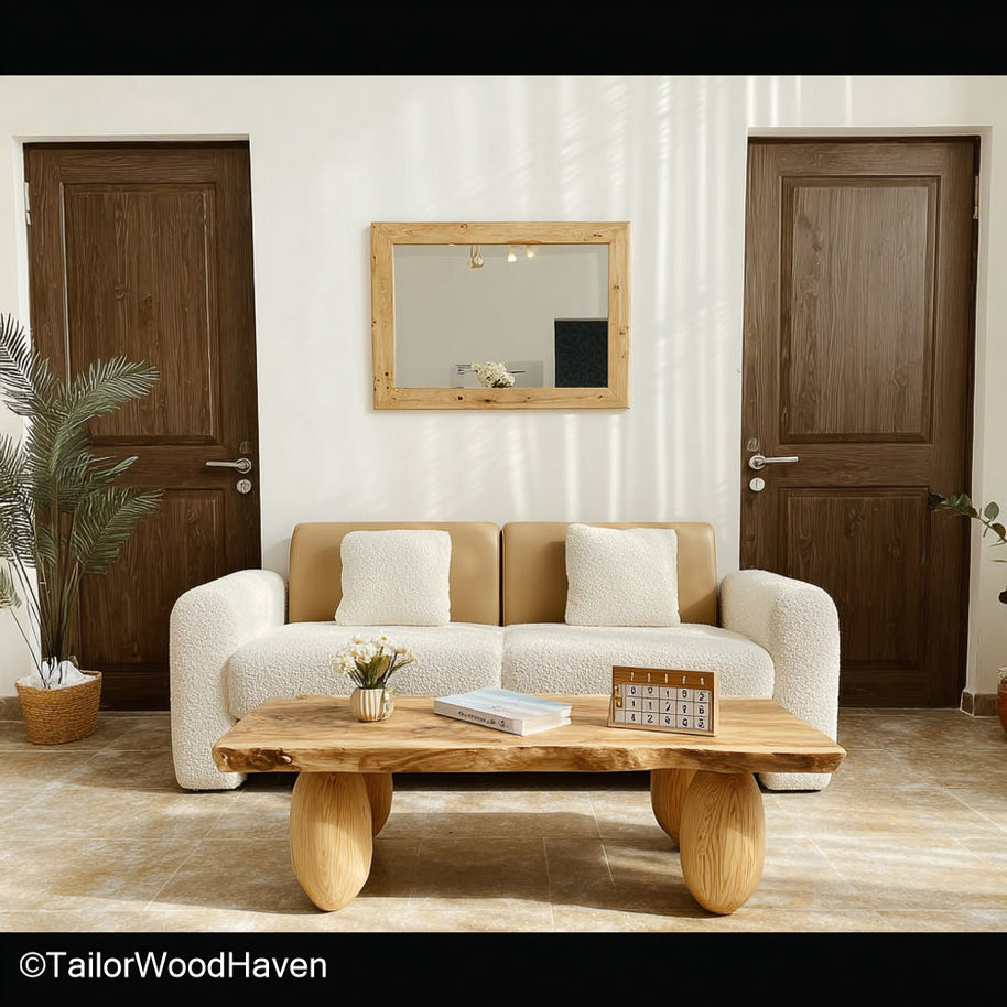 Pine slab coffee table crafted from thick pine wood with a sealed live edge and natural tone, perfect for cottage or farmhouse style spaces