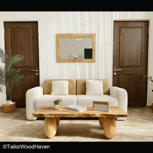 Pine slab coffee table crafted from thick pine wood with a sealed live edge and natural tone, perfect for cottage or farmhouse style spaces