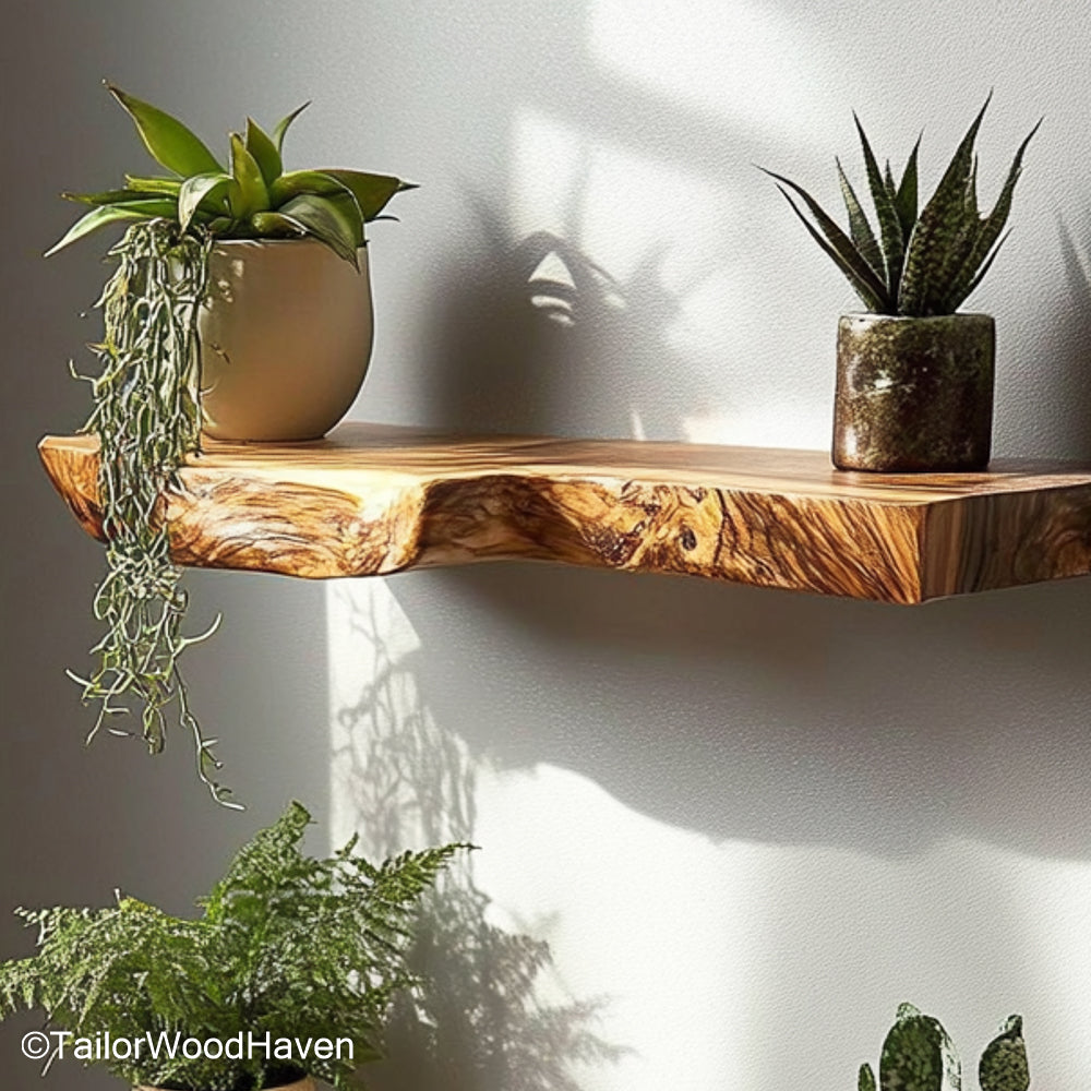 Live edge shelf floating made from real wood with raw contours and floating support, ideal for nature inspired kitchens or minimalist walls