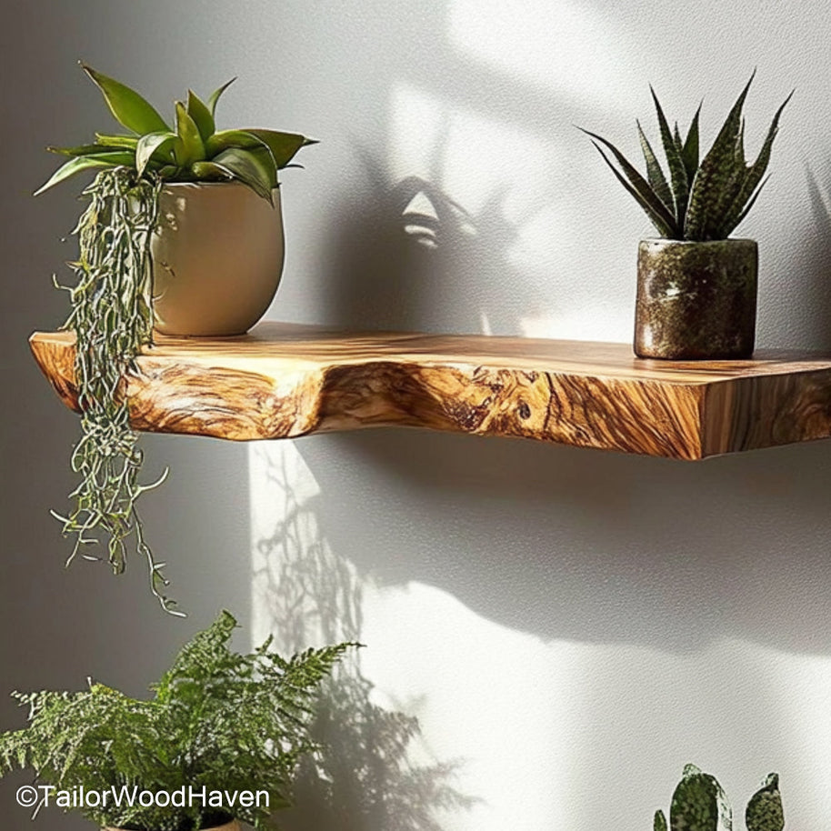 Live edge shelf floating made from real wood with raw contours and floating support, ideal for nature inspired kitchens or minimalist walls