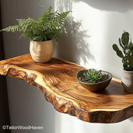 Live edge shelf floating made from real wood with raw contours and floating support, ideal for nature inspired kitchens or minimalist walls