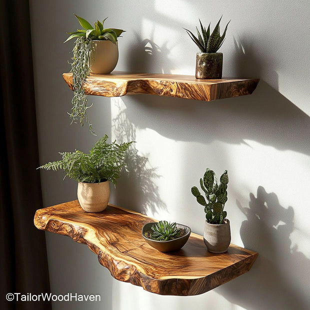 Live edge shelf floating made from real wood with raw contours and floating support, ideal for nature inspired kitchens or minimalist walls