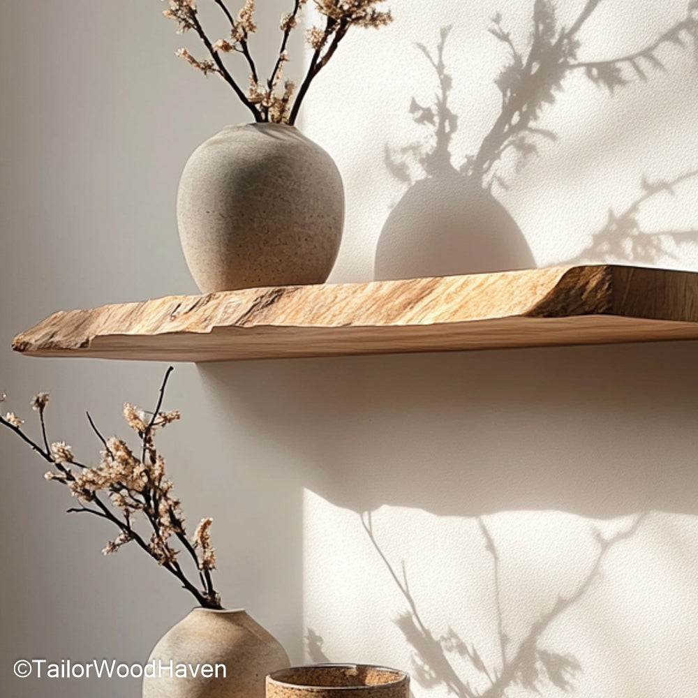 8 floating shelves made from sealed hardwood with a minimalist finish and bracket free design, great for large kitchens or full room styling