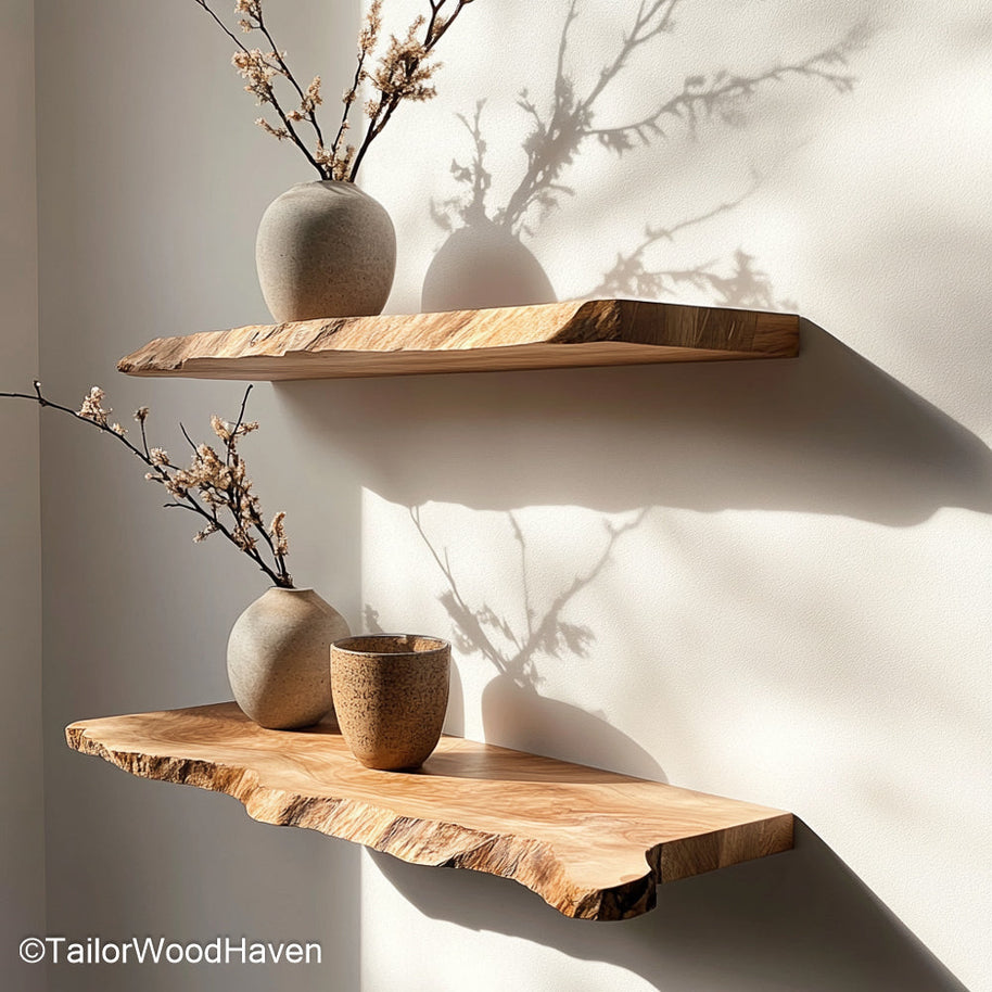 8 floating shelves made from sealed hardwood with a minimalist finish and bracket free design, great for large kitchens or full room styling