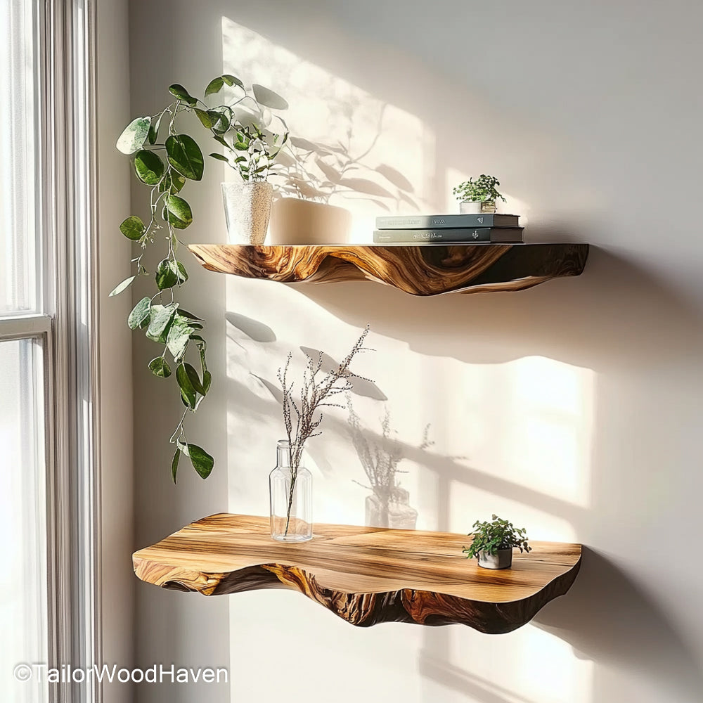 Deep floating shelves with 10 inch depth for storing large decor pieces, plants, books, or functional entryway accessories
