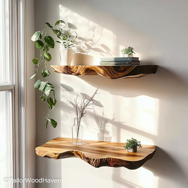 Deep floating shelves with 10 inch depth for storing large decor pieces, plants, books, or functional entryway accessories